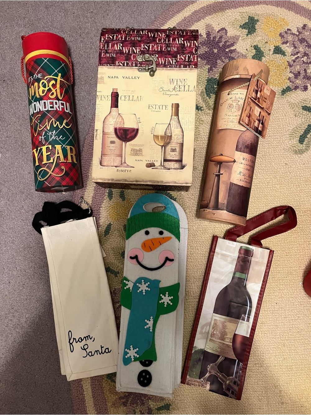 Holiday Wine Gift Bags and Bottle Holders - Red, Green, White, Tan
